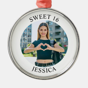 Modern Minimalist Sweet 16 Birthday Circle Photo Metal Ornament