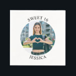 Modern Minimalist Sweet 16 Birthday Circle Photo Napkins<br><div class="desc">Create your own personalized white border round photo paper party napkins for your her 16th birthday. Customize the solid white background color or the black text color to match your photo. If you change the font type or size, you can fine tune the curvature of the text in small increments....</div>