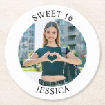 Modern Minimalist Sweet 16 Birthday Circle Photo Round Paper Coaster<br><div class="desc">Create your own personalized white border round photo paper party coaster for your her 16th birthday. Customize the solid white background color or the black text color to match your photo. If you change the font type or size, you can fine tune the curvature of the text in small increments....</div>