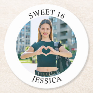 Modern Minimalist Sweet 16 Birthday Circle Photo Round Paper Coaster