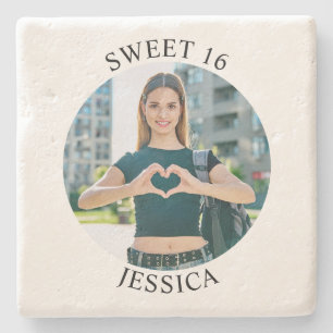 Modern Minimalist Sweet 16 Birthday Circle Photo Stone Coaster