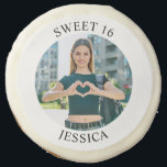Modern Minimalist Sweet 16 Birthday Circle Photo Sugar Cookie<br><div class="desc">Create your own personalized white border photo round sugar cookie favors for your her 16th birthday. Customize the solid white background color or the black text color to match your photo. If you change the font type or size, you can fine tune the curvature of the text in small increments....</div>