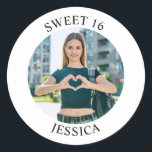 Modern Minimalist Sweet 16 Birthday Photo Classic Round Sticker<br><div class="desc">Create your own personalized white border photo round envelope seals for your her 16th birthday. Customize the solid white background color or the black text color to match your photo. If you change the font type or size, you can fine tune the curvature of the text in small increments. Have...</div>