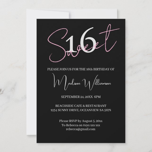 Modern Minimalist Sweet 16 Black Pink Birthday  Invitation (Front)