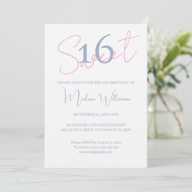 Modern Minimalist Sweet 16 Blue White Birthday Invitation (Standing Front)