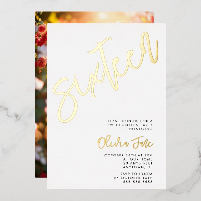 Modern Minimalist Sweet 16 Photo Invitation Foil Invitation (Front/Back)