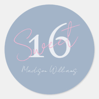 Modern Minimalist Sweet 16th Pink Blue Birthday Classic Round Sticker