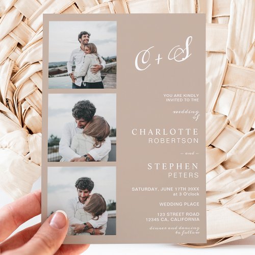 Modern minimalist tan sand initials photo wedding invitation