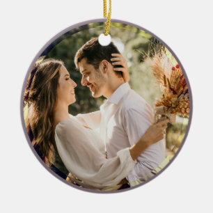 Modern Minimalist Taupe Grey Couple Wedding Photo Ceramic Ornament