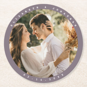 Modern Minimalist Taupe Grey Neutral Wedding Photo Round Paper Coaster