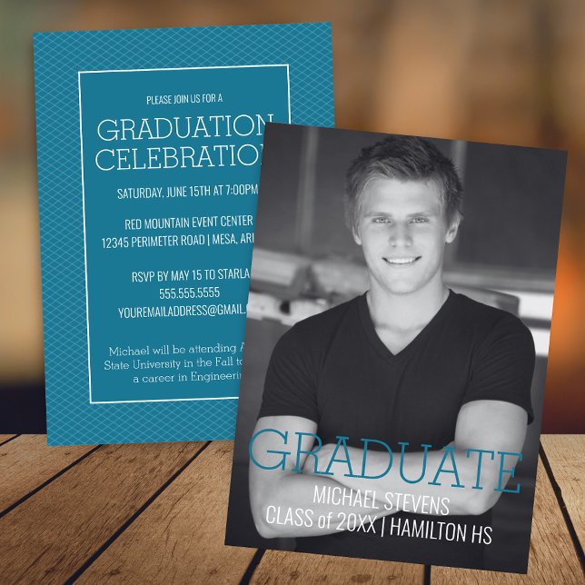 Modern Minimalist Teal Art Deco Graduatation Announcement (Modern Teal and White Minimalist Graduation Invitation Announcement for College or High School)