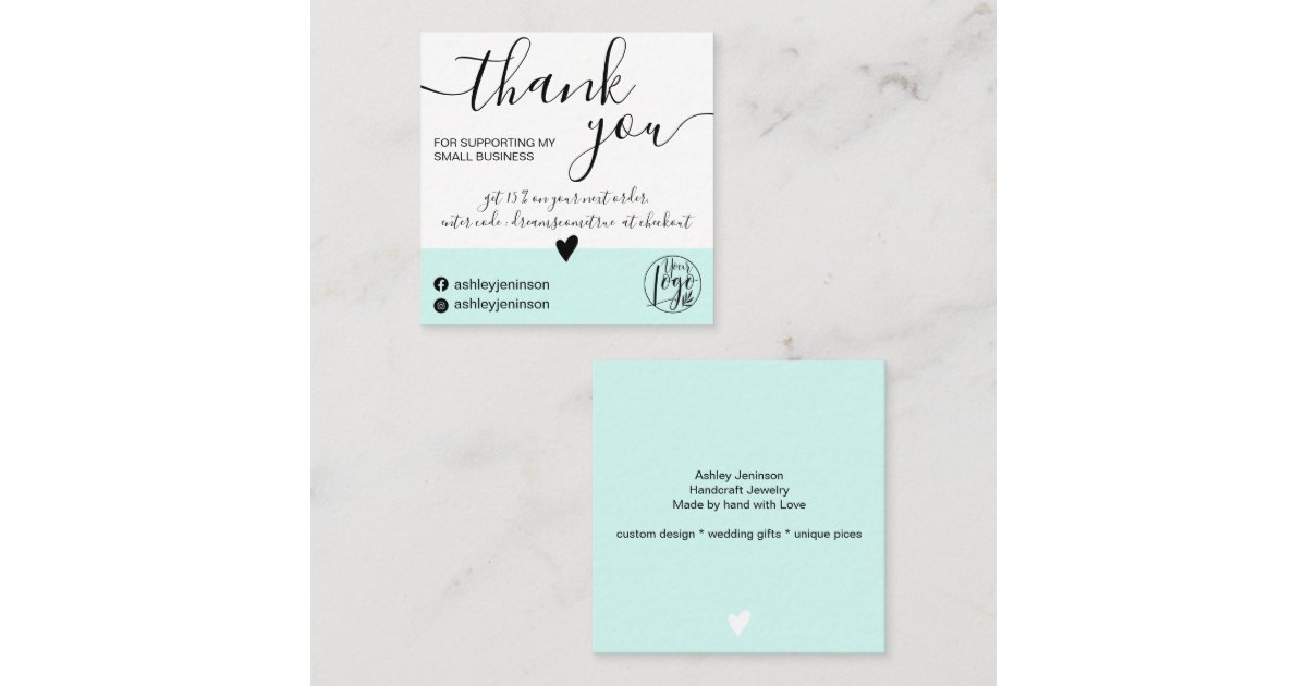 Modern minimalist teal blue block order thank you square business card ...