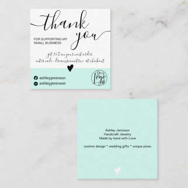 Modern minimalist teal blue block order thank you square business card ...