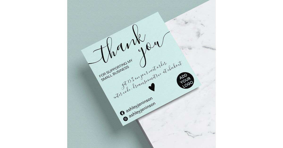Modern minimalist teal blue order thank you square business card | Zazzle