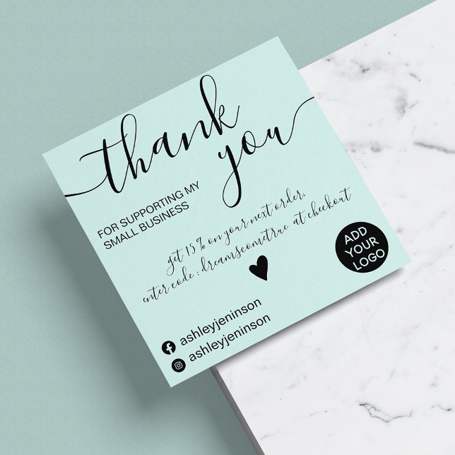 Modern minimalist teal blue order thank you square business card (Creator Uploaded)