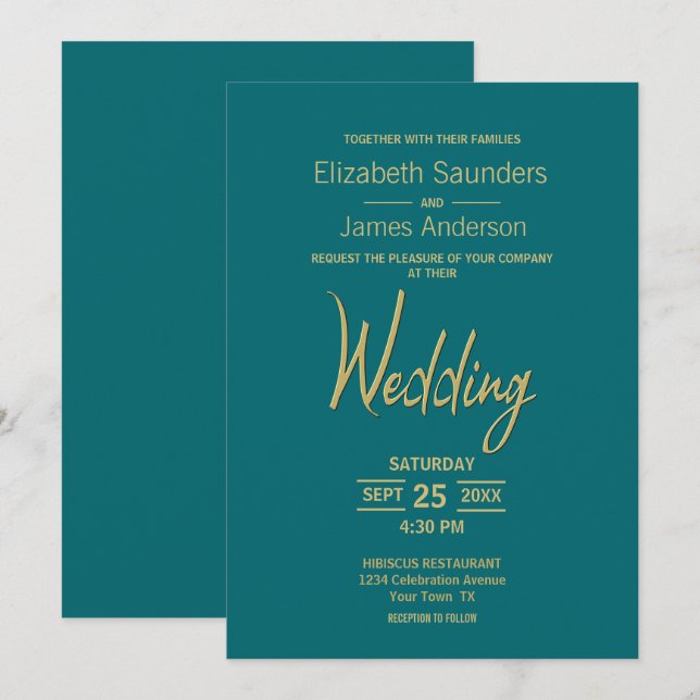 Modern Minimalist Teal Gold Wedding Invitation (Front/Back)