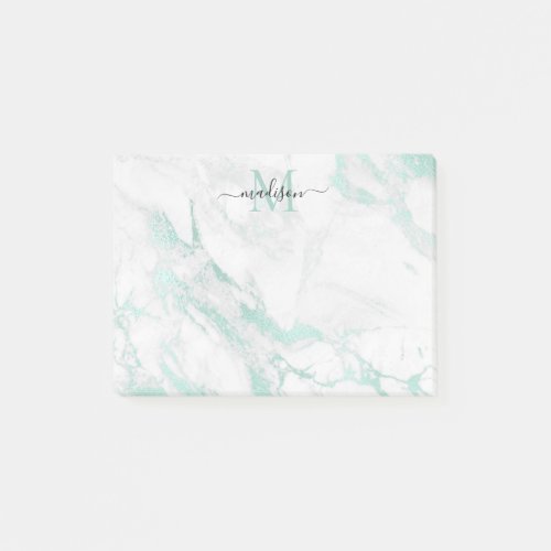 Modern Minimalist Teal Green Marble Monogram Name Post_it Notes