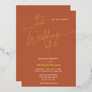 Modern Minimalist Terracotta and Gold Wedding Foil Invitation