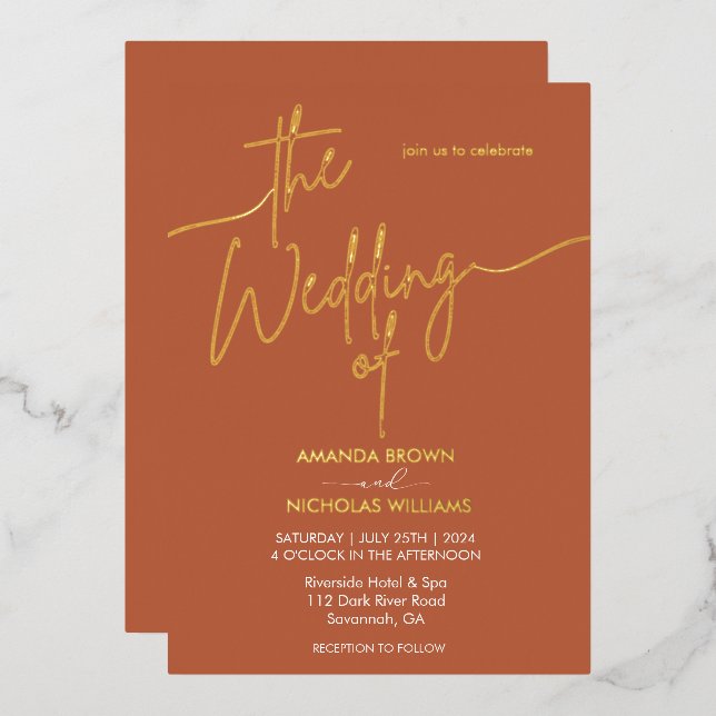 Modern Minimalist Terracotta and Gold Wedding Foil Invitation (Front/Back)