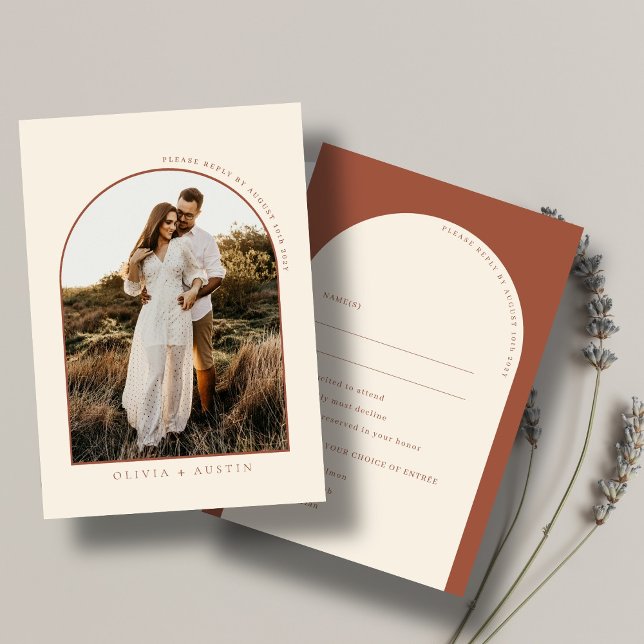 Modern Minimalist Terracotta Arch Photo RSVP Card (Creator Uploaded)