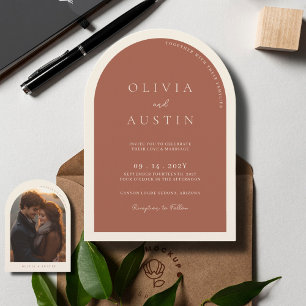 Modern Minimalist Terracotta Arch Photo Wedding Invitation