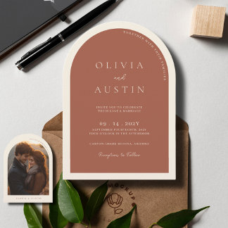 Modern Minimalist Terracotta Arch Photo Wedding Invitation
