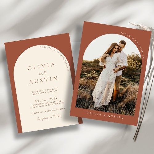 Modern Minimalist Terracotta Arch Photo Wedding Invitation