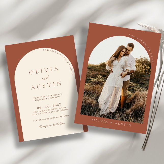 Modern Minimalist Terracotta Arch Photo Wedding Invitation (Creator Uploaded)