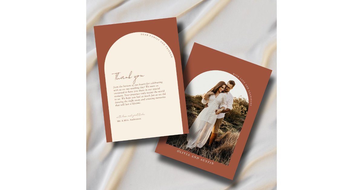Modern Minimalist Terracotta Arch Wedding Photo Thank You Card | Zazzle