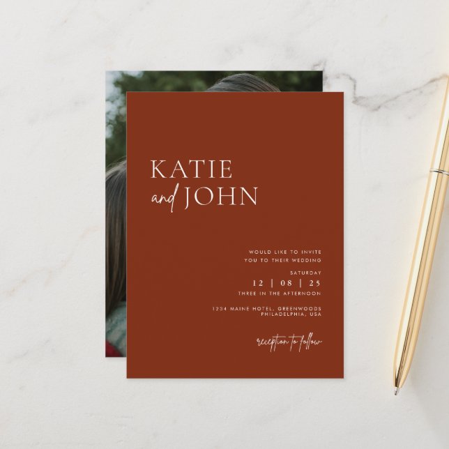 Modern Minimalist Terracotta Boho Wedding Photo Announcement Postcard (Front/Back In Situ)