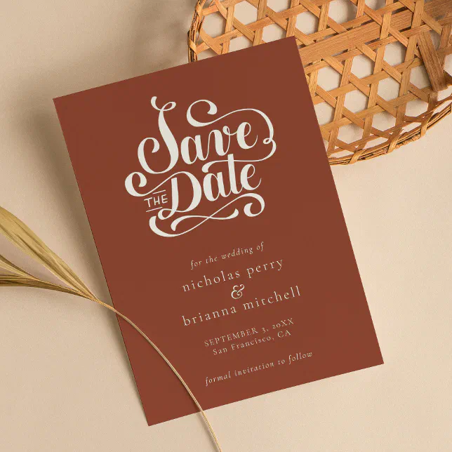 Modern Minimalist Terracotta Burnt Orange Wedding Save The Date
