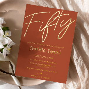 Modern minimalist terracotta photo surprise fifty foil invitation
