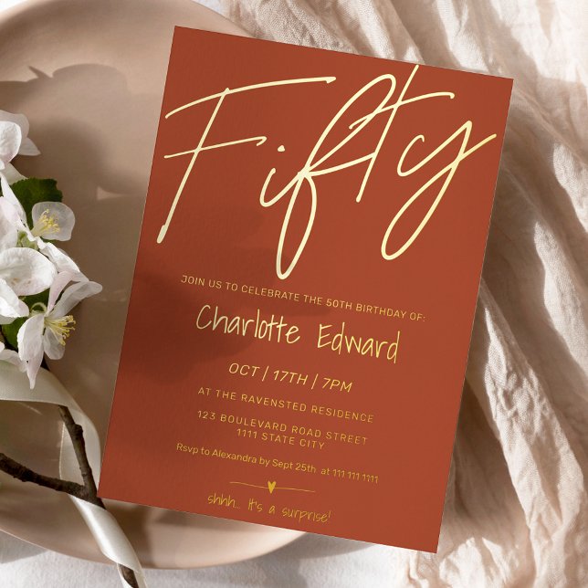 Modern minimalist terracotta photo surprise fifty foil invitation (Creator Uploaded)