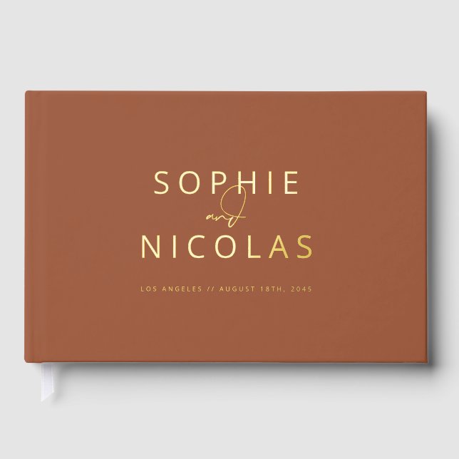 Modern Minimalist Terracotta Photo Wedding Foil Guest Book (Front)
