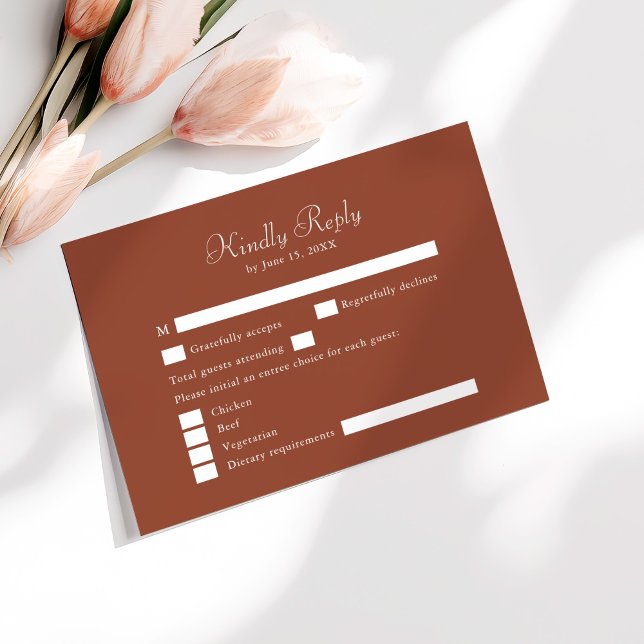 Modern Minimalist Terracotta RSVP Card (Modern Minimalist Terracotta RSVP Card on a sunny table with pale pink flowers.)