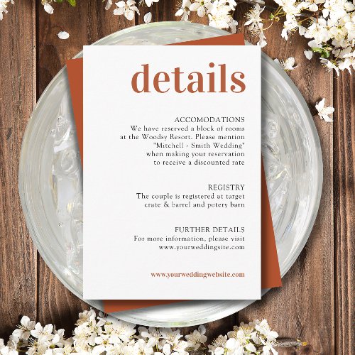 Modern Minimalist Terracotta Rust Wedding DETAILS Enclosure Card