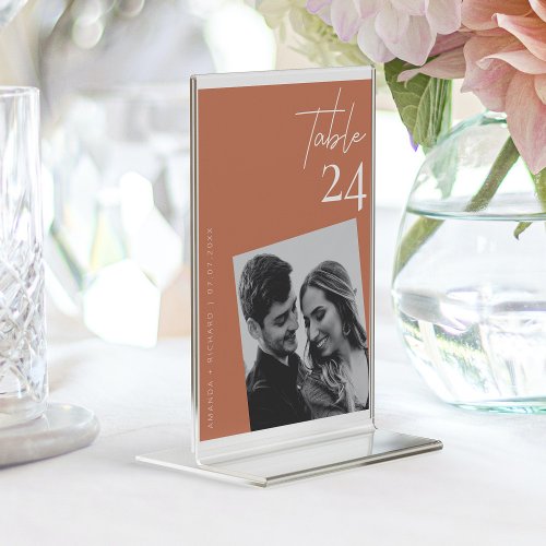 Modern Minimalist Terracotta Wedding Photo Table Number