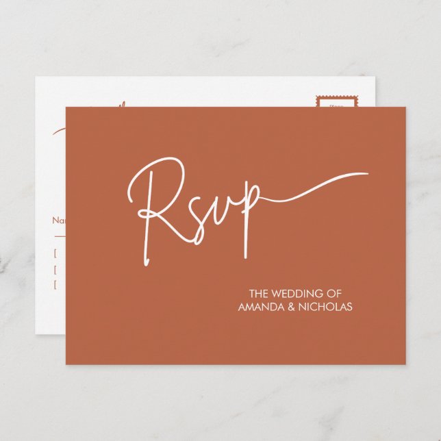 Modern Minimalist Terracotta White Wedding RSVP  Postcard (Front/Back)