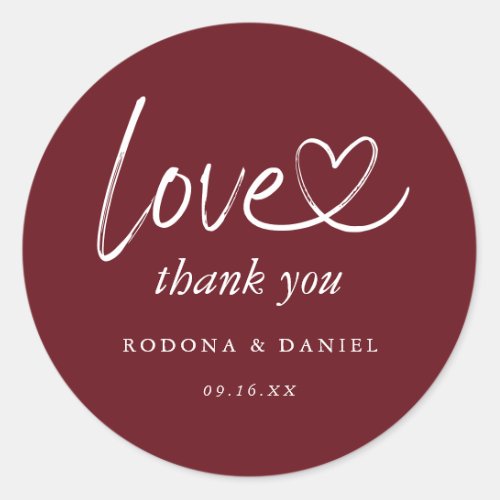 Modern Minimalist Thank You Wedding Burgundy Classic Round Sticker