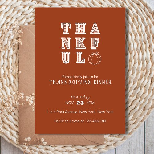 Modern Minimalist Thankful Thanksgiving Dinner Invitation