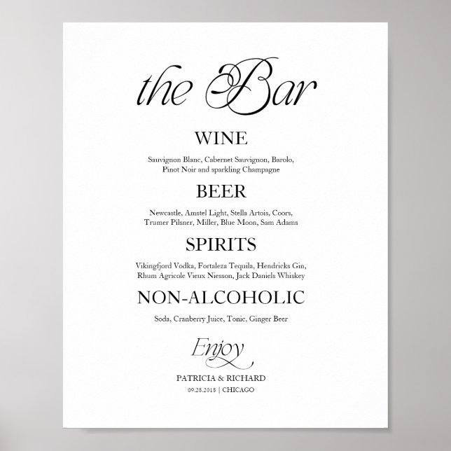Modern Minimalist "The Bar" Wedding Menu Sign (Front)