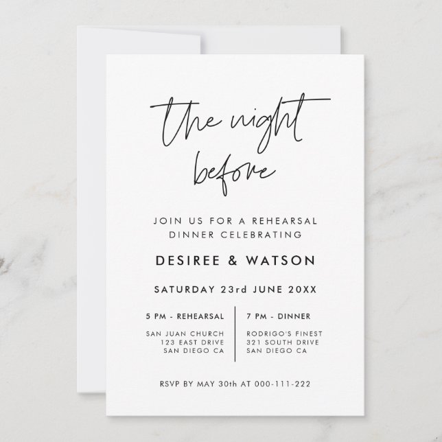 Modern Minimalist The night before rehearsal Invitation (Front)
