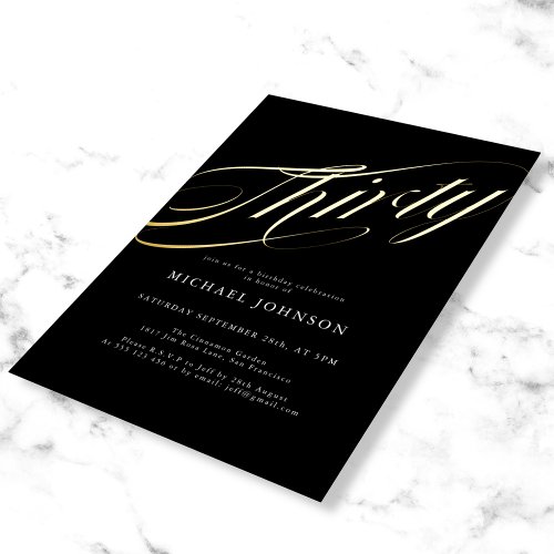 Modern Minimalist Thirty Black Gold 30th Birthday Foil Invitation