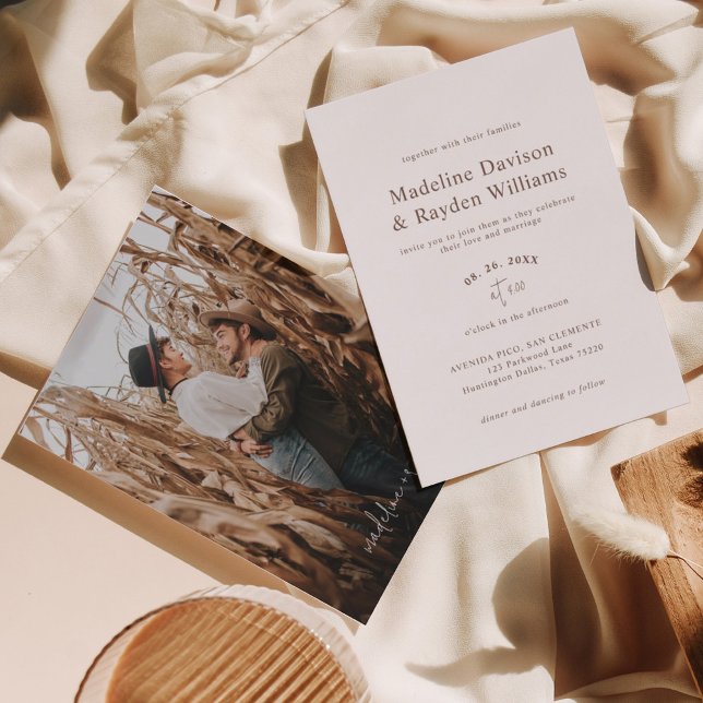 Modern Minimalist Tierra Brown Photo Wedding Invitation (Creator Uploaded)