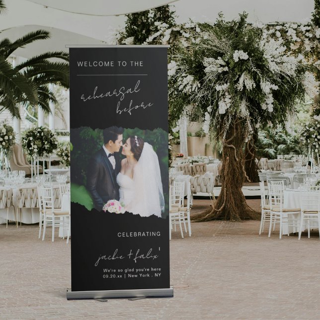 Modern Minimalist Torn Page Photo Rehearsal Dinner Retractable Banner (Creator Uploaded)