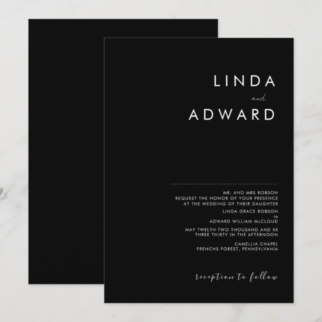 Modern Minimalist Traditional  Black Wedding Invitation (Front/Back)