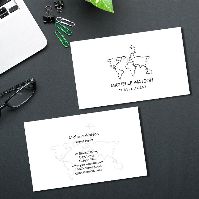 Modern Minimalist Travel Agent World Map Airplane Business Card (Creator Uploaded)