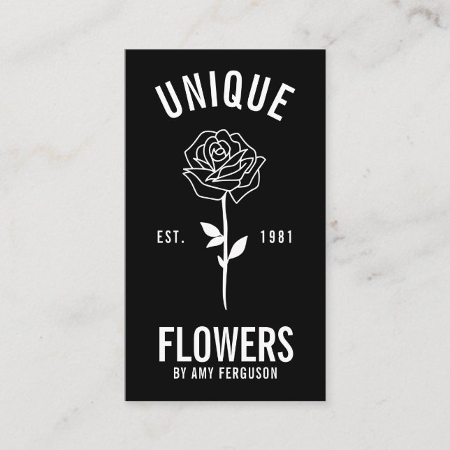 Modern minimalist trendy black white rose flower business card (Front)