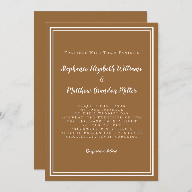 Modern Minimalist Trendy Rustic Brown Chic Wedding Invitation (Front/Back)