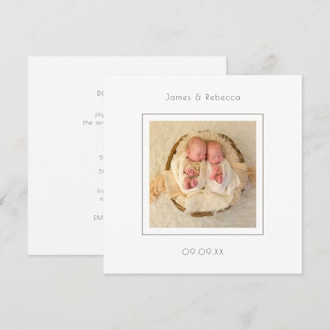 Modern Minimalist Twins Photo Birth Announcement (Front/Back)